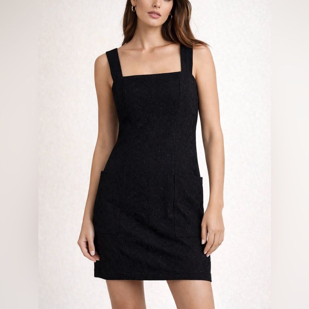DKNY Vintage Classic Black Lace Pinafore Mini Dress Sleeveless Square Neck 4